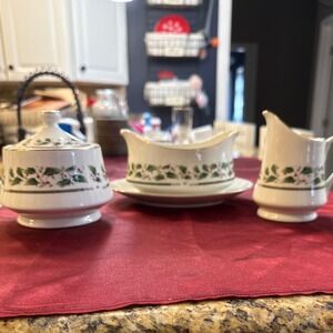 Royal Limited Holly Holiday China Set Gravy Boat Sugar Creamer Christmas Japan